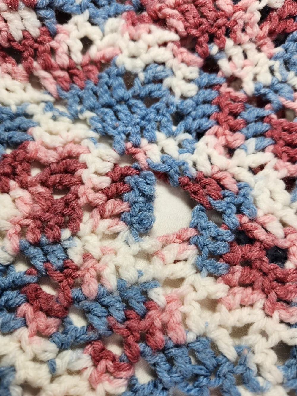 Handmade Crochet Throw Blanket Pink Blue White Fringe Granny 34x80  See Descript